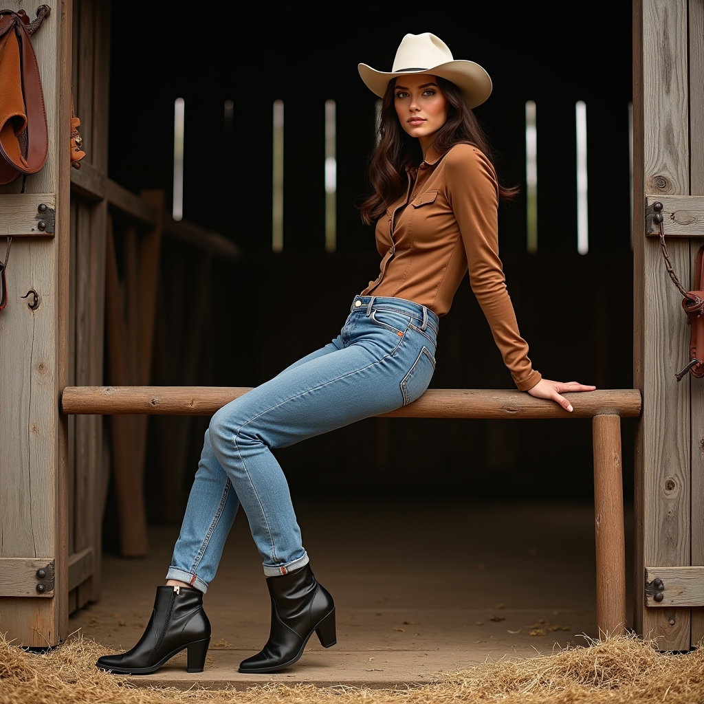 AI-generated photo: Photorealistic fashion portrait photography. A seductive-yet-classy barn door portrait featuring the...