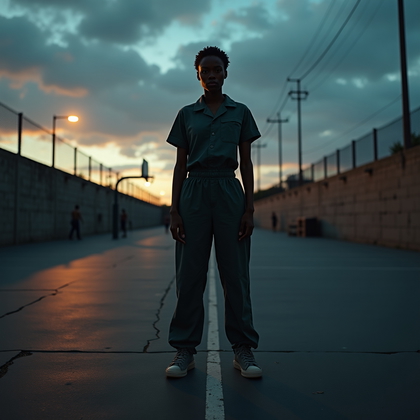 AI-generated photo: Photorealistic prison yard photography at dusk, subject standing alone near the edge of a basketball...