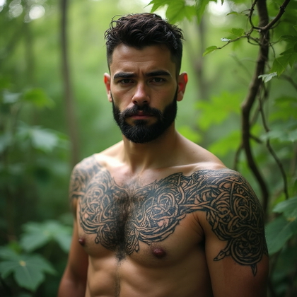 AI-generated photo: Photorealistic photography capturing a man with a mystical Celtic knotwork tattoo on his upper chest...