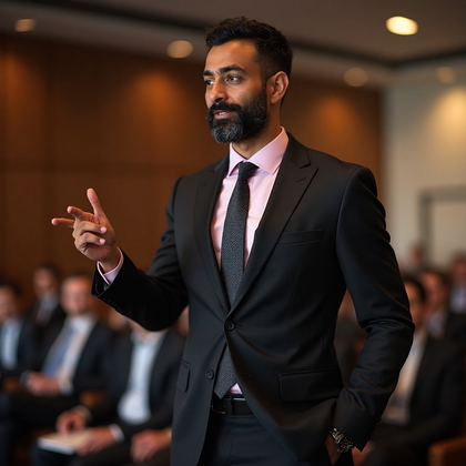AI-generated photo: LinkedIn photo of a male executive delivering a presentation at a high-level financial summit. He is...