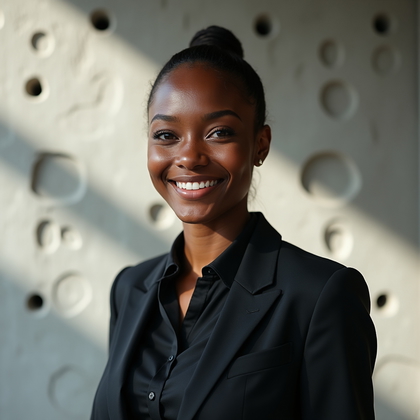 Professional headshot against a raw architectural concrete feature wall with evenly spaced form-tie impressions, composed chest-up and placed slightly off-center to leave purposeful negative space. A diagonal blade of daylight from a clerestory window creates sculptural highlights across the backdrop while a soft book-light key illuminates the face and a flagged fill maintains clean contrast. Wardrobe stays sharp and modern—tailored jacket over a pressed collared shirt with minimal accessories—and the expression is assured and approachable with direct eye contact.