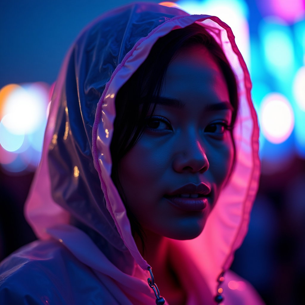 Neon Night Main Stage Silhouette example: Photorealistic festival portrait photography. Tight vertical profile/avatar crop from a diagonal side angle, framed by t
