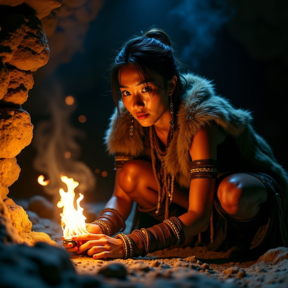 AI-generated photo: Photorealistic photography at the mouth of a cave at night, the subject in a tight crouch reading mu...