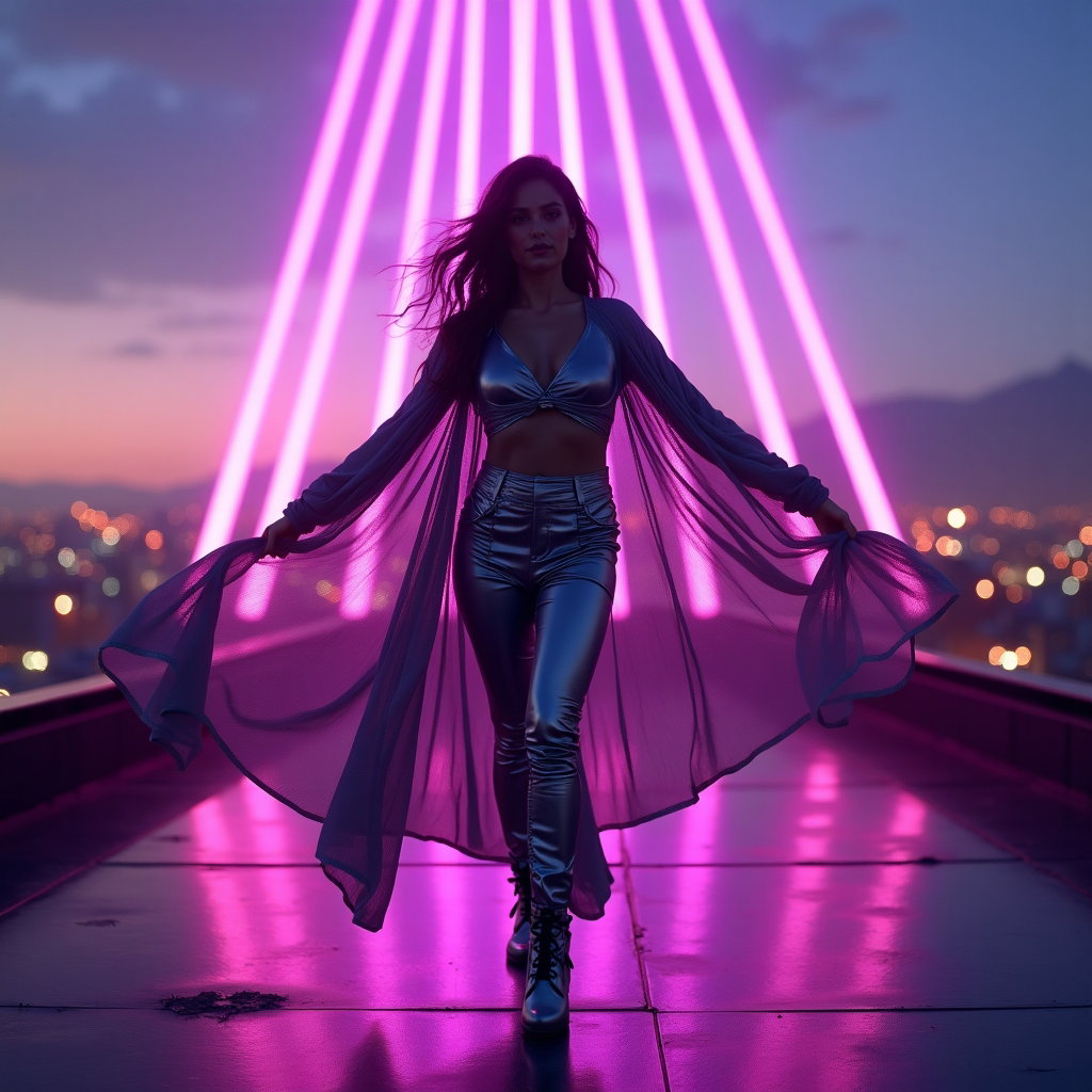 Motion-Based Dance Pop Album Cover Photos example: Photorealistic editorial pop star album cover photo. Hero image on a rooftop stage at twilight, the subject in a strong