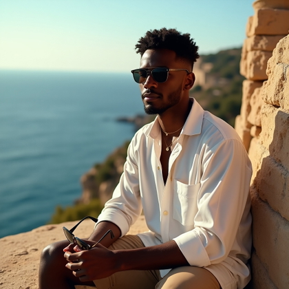 Golden Hour Cliffside Portraits Over the Coast example: Photorealistic portrait photography, half-body portrait seated on a sun-warmed stone wall above the coast, shoulders ope