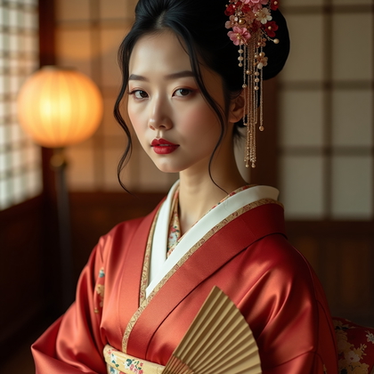 AI-generated photo: Fashion editorial portrait photography, an elegant geisha-inspired styling portrait with a richly la...