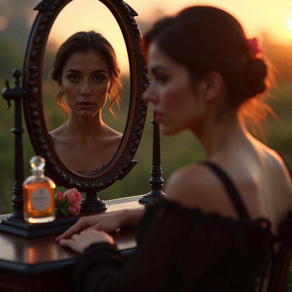 Soft Gothic Morning Portrait example: Dating profile photo. Unexpected creative variation using a vintage vanity mirror reflection at sunrise, with the subjec