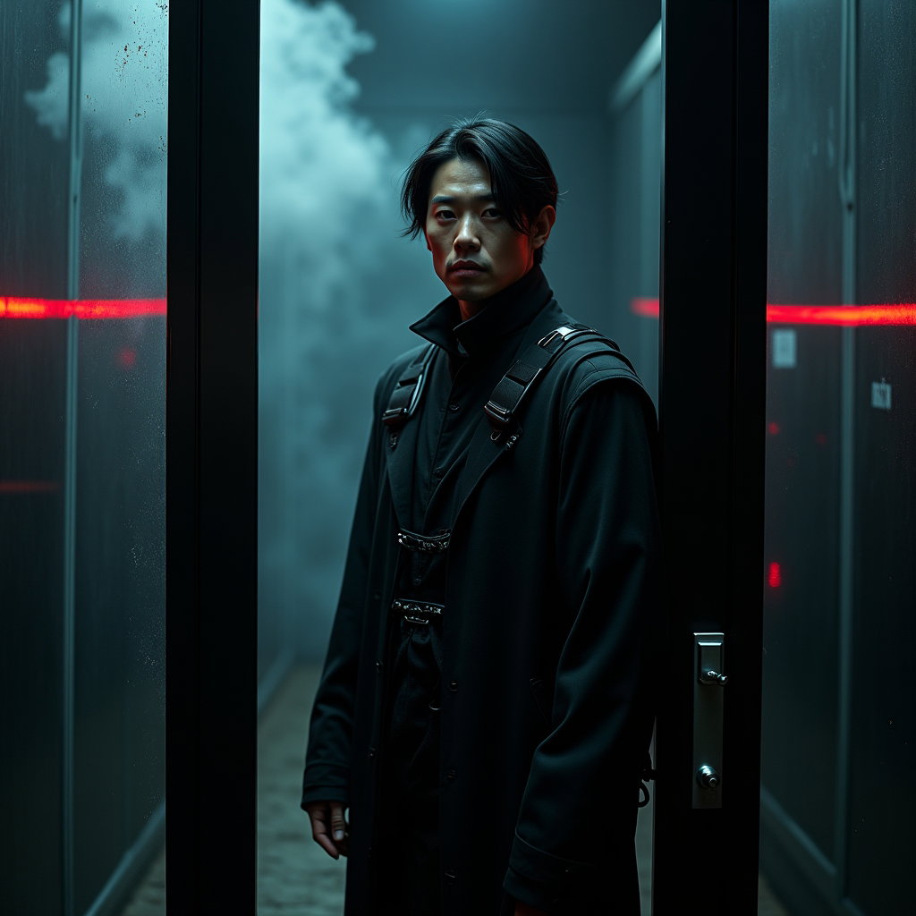 Dark Studio Silhouette Hunter Portrait example: Photorealistic dark fantasy portrait photography. Environmental studio portrait staged as a demon containment chamber, w