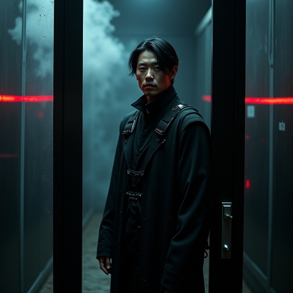 Dark Studio Silhouette Hunter Portrait example: Photorealistic dark fantasy portrait photography. Environmental studio portrait staged as a demon containment chamber, w