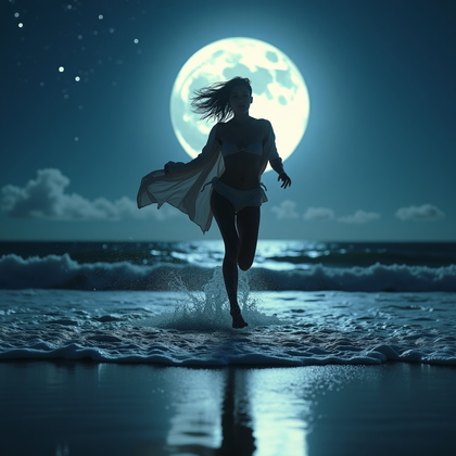 AI-generated photo: Photorealistic portrait photography. On a moonlit beach, a person runs toward the camera and leaps i...