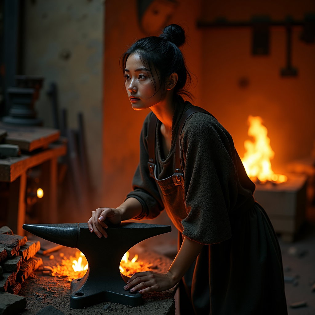 Solo Achilles Battle-Scar Close-Up example: Cinematic mythological portrait photography. Environmental portrait in an Achaean forge, with the solo subject leaning o