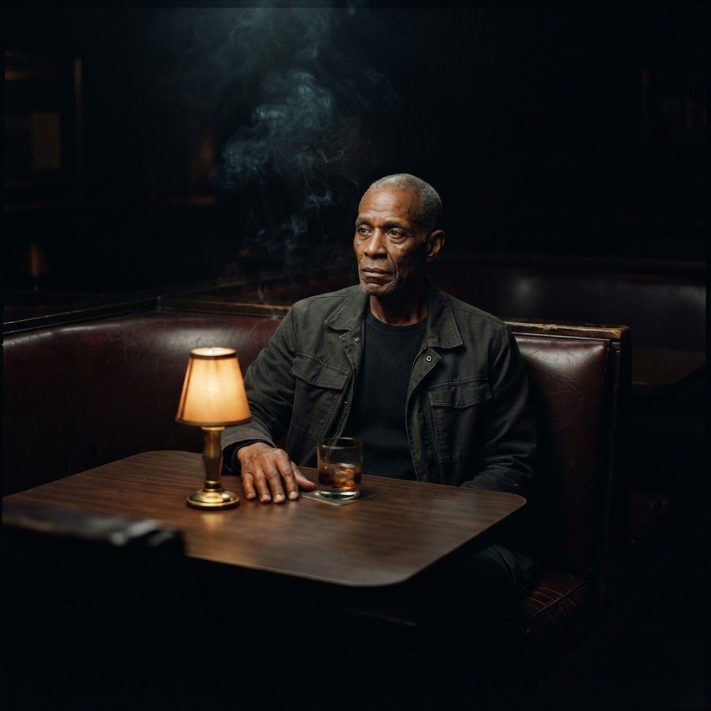 Smoky Bar Booth: Centered seated solo portrait in a dark bar booth after midnight, composed with the low table lamp between the subject and a simple glass in…