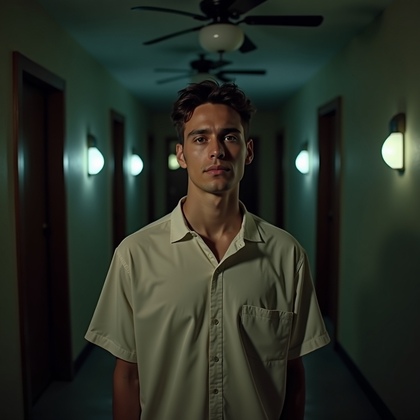 AI-generated photo: Photorealistic location portrait in a dim motel corridor where a ceiling-fan gobo throws sharp, pie-...