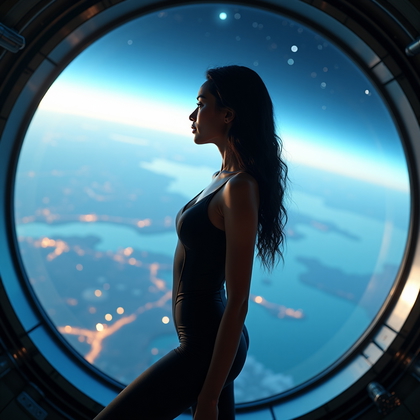 AI-generated photo: Photorealistic portrait photography. A person is posed in profile beside an enormous curved observat...