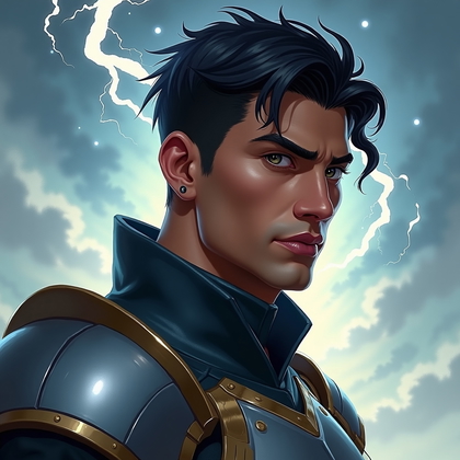 AI-generated photo: Stylized digital painting. A mythic hero avatar close-up portrait in a vertical format, face-forward...