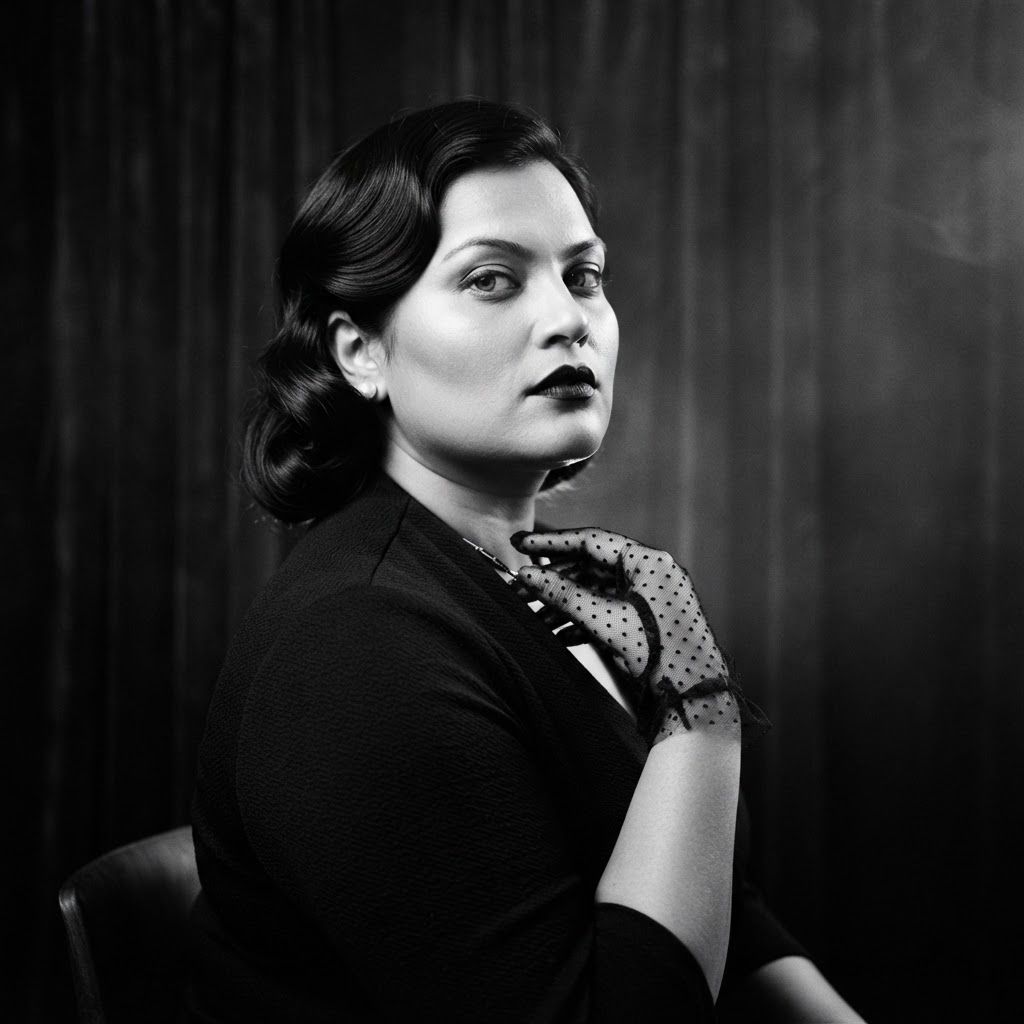 Femme Fatale Gaze: Elegant black-and-white personal portrait of one subject in three-quarter profile, chin slightly lifted, eyes cutting toward the viewer.