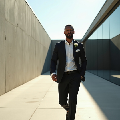 AI-generated photo: Photorealistic wedding editorial photography in a minimalist modern plaza where a long sun-slashed c...