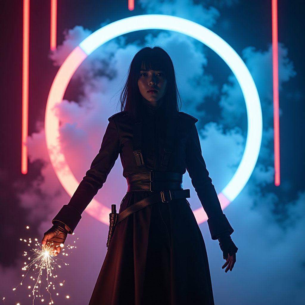Neon Stage Warrior Close-Up example: Cinematic K-pop fantasy portrait photo. Full-body portrait on a matte black concert stage swallowed by low fog, the subj