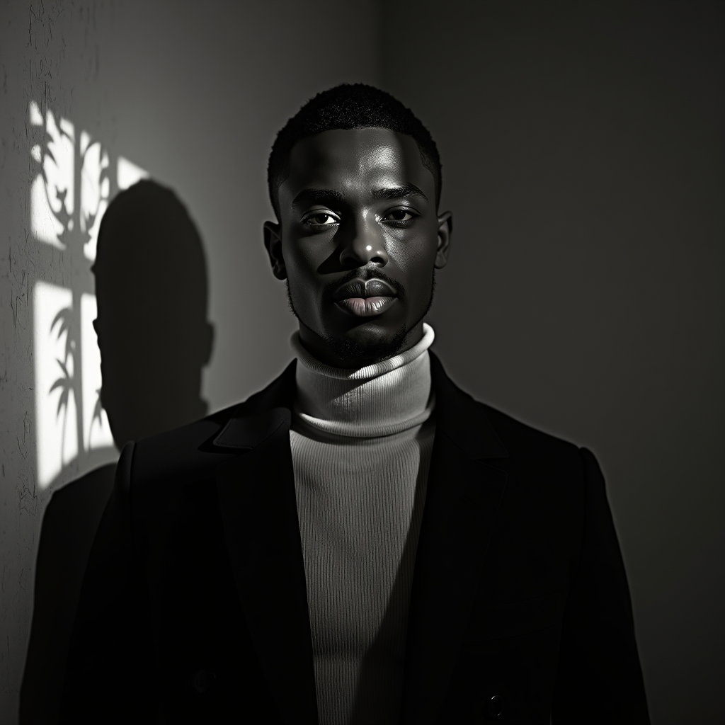 AI-generated photo: Photorealistic portrait photography. In a dim loft, a vintage film projector throws flickering monoc...