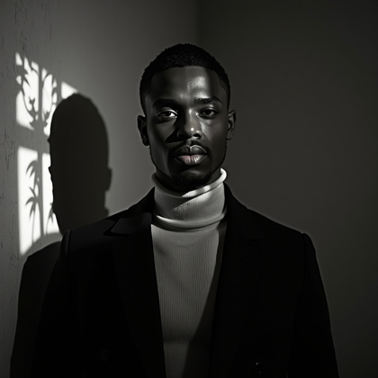 AI-generated photo: Photorealistic portrait photography. In a dim loft, a vintage film projector throws flickering monoc...