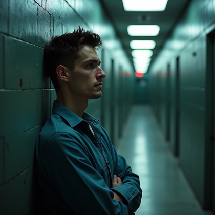 AI-generated photo: Photorealistic prison close-up portrait in a narrow corridor lined with numbered cell doors, the per...
