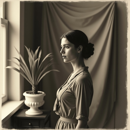 Pictorialist gum bichromate print: a three-quarter portrait in a studio corner with a plaster column, a potted palm in a ceramic jardinière, and a draped muslin backdrop, the subject standing with a calm inward gaze and chin gently angled so the face reads clearly through the atmospheric softness. Tri-layer gum on textured watercolor paper produces velvety midtones, painterly edges, and hand-brushed borders with subtle staining. Diffused window light falls from high left, creating delicate highlight rolloff and a quiet vignette that pools the shadows at the frame edges. Selective hand-tint on a silk ribbon pin introduces a restrained accent of color, while the overall tonality settles into warm charcoal-sepia for a romantic, turn-of-the-century aura.