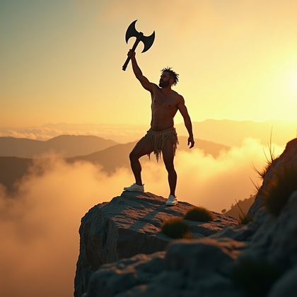 AI-generated photo: Photorealistic lifestyle photography of a primal-themed fashion scene on a windswept cliff at golden...