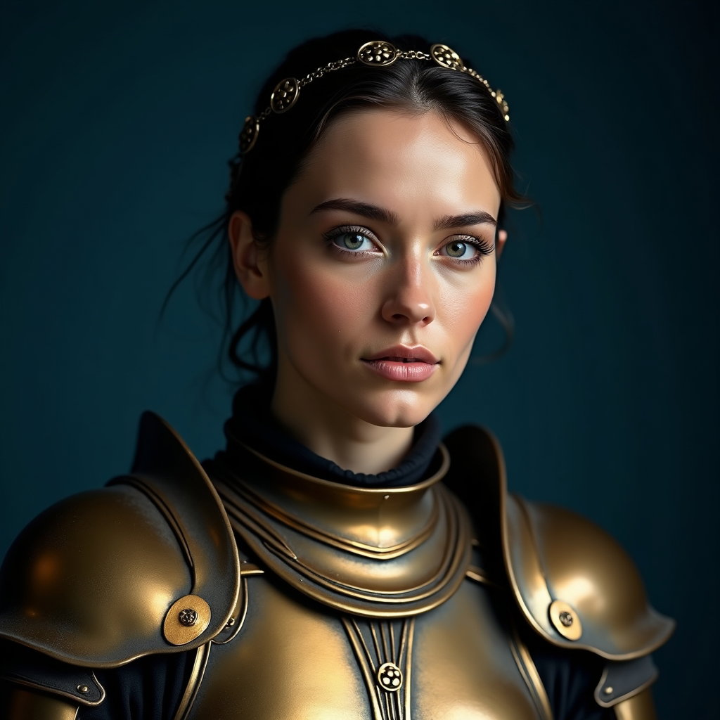 Solo Bronze-Armor Champion Portrait example: Cinematic mythological avatar portrait photo. Square-crop bust portrait of a solo champion in bronze armor, posed in a s