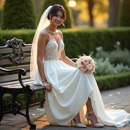 AI-generated photo: Photorealistic wedding photography in a garden courtyard as the bride perches at the edge of a vinta...