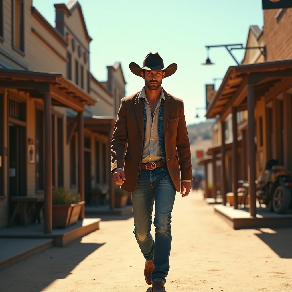 AI-generated photo: Photorealistic fashion photography. A western fashion subject strides toward the camera through the ...