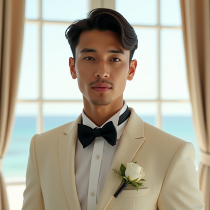 AI-generated photo: Photorealistic wedding portrait in a bright coastal villa where linen drapes soften the daylight, se...