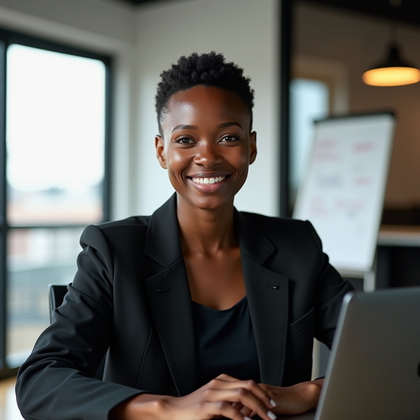 AI-generated photo: Professional headshot photograph in a modern coworking lounge with floor-to-ceiling windows, the sub...