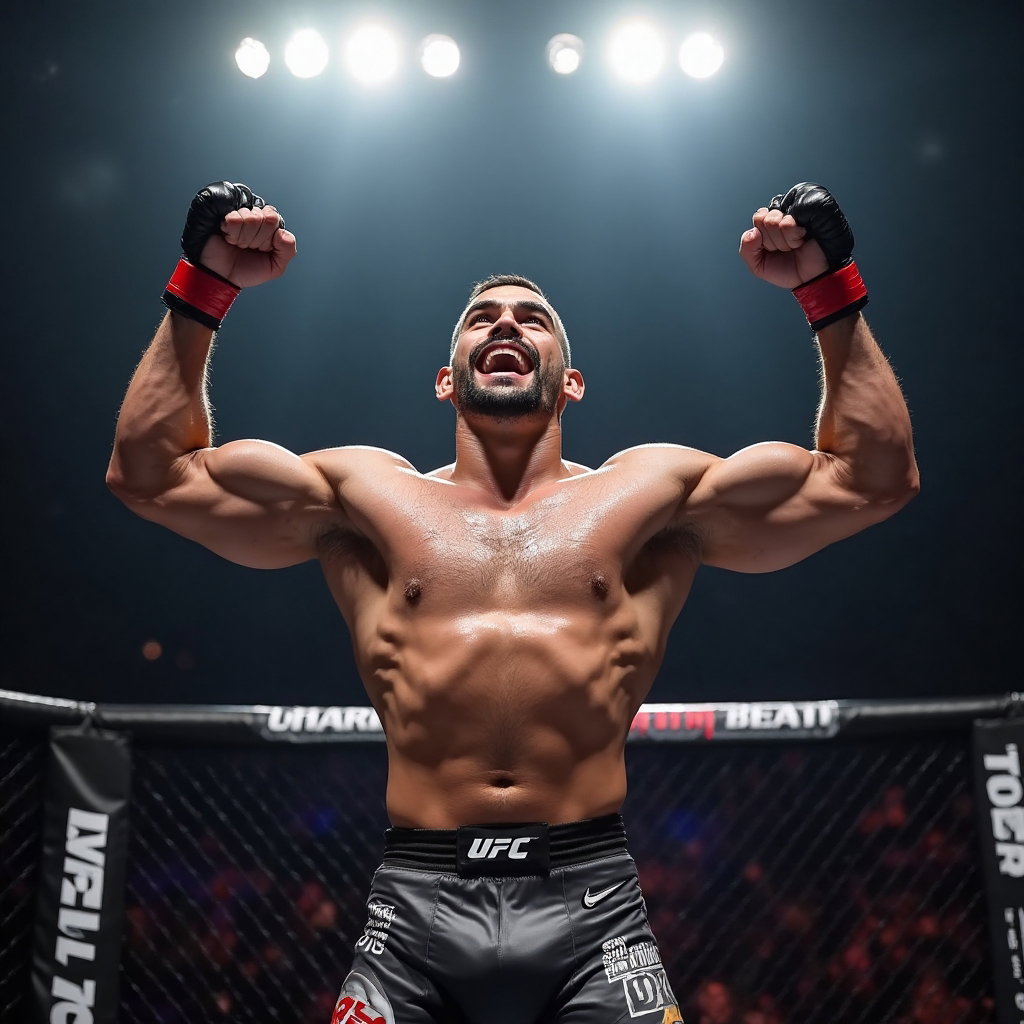 AI-generated photo: **Photorealistic professional photography** featuring a powerful victory pose of a UFC fighter stand...