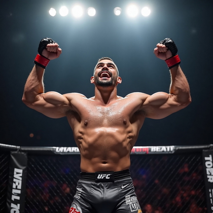 AI-generated photo: **Photorealistic professional photography** featuring a powerful victory pose of a UFC fighter stand...