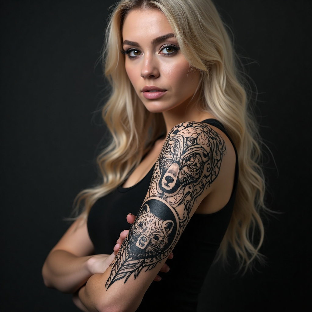 AI-generated photo: Photorealistic photography of a woman with a tribal-inspired sleeve tattoo featuring a bear motif ru...