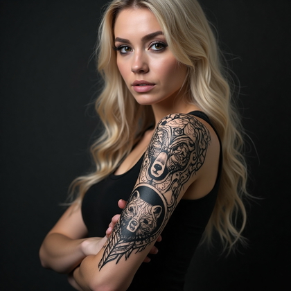 AI-generated photo: Photorealistic photography of a woman with a tribal-inspired sleeve tattoo featuring a bear motif ru...