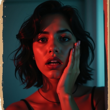Retro VHS Slasher Poster Portrait example: Retro VHS horror movie poster portrait. Extreme close-up with the face clearly visible, tense expression, one hand raise