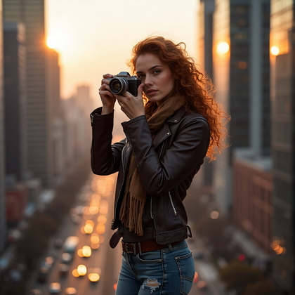 AI-generated photo: Lifestyle photo of a woman lost in the vibrant world of photography, standing amidst a sprawling urb...