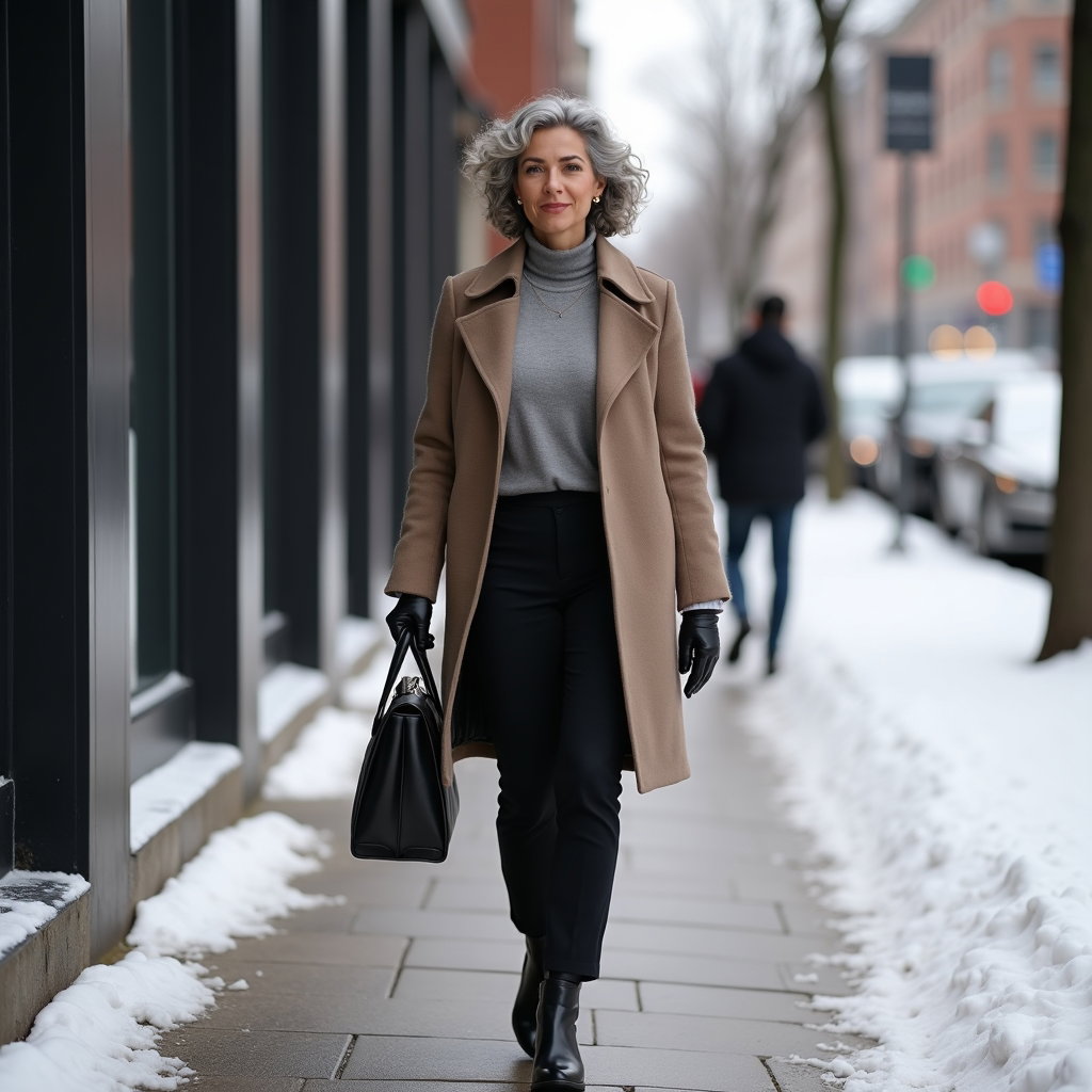 Winter Coat Arrival: Refined cold-weather entrance portrait along a quiet urban side street with office windows and a lightly snow-speckled sidewalk; the subject…