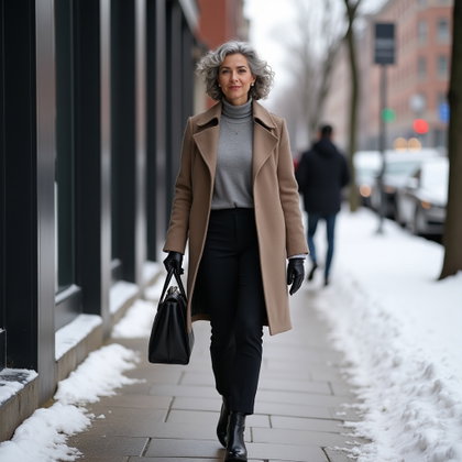 Arrivée en manteau d’hiver : portrait d’entrée raffiné par temps froid le long d’une rue latérale urbaine calme, avec des fenêtres de bureaux et un trottoir légèrement saupoudré de neige ; la personne…