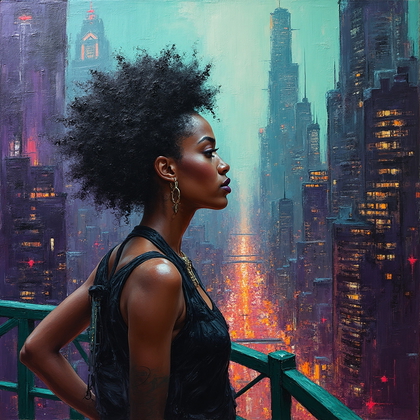 AI-generated photo: Futurist acrylic painting. A transformative cityscape seen from a high vantage point, painted with d...