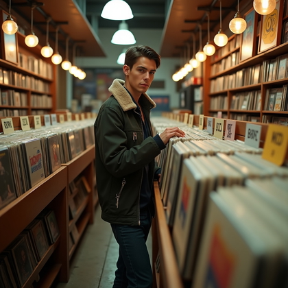Photorealistic editorial lifestyle portrait photo inside a vintage record store bathed in warm tungsten practicals, with rows of vinyl bins forming precise leading lines toward a narrow back aisle; the subject pauses mid-browse with one hand lightly touching a record sleeve and the other resting along the bin edge, chin angled toward camera for a crisp, engaging face; layered, fashion-forward casualwear with mixed textures and subtle accessories contrast against worn wood floors and colorful album art, while glowing genre signs add soft rim highlights and a shallow depth isolates the subject cleanly from a softly blurred foreground stack.