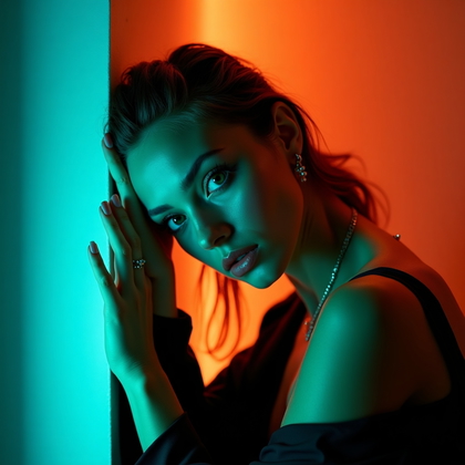 AI-generated photo: Photorealistic studio portrait. Three-quarter portrait with the subject leaning back against a plain...