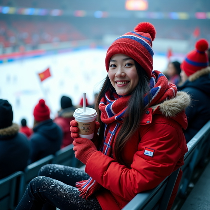 AI-generated photo: Photorealistic lifestyle sports photography. A person sits on metal bleachers in a winter Olympic ar...