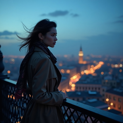 Photorealistic fashion editorial photography: at blue hour on a wrought-iron balcony overlooking a glowing cityscape, the subject in a tailored trench and silk scarf angles the shoulders to the skyline and turns the head back to the lens with poised confidence, soft wind animating the fabric for elegant motion. Cool ambient twilight wraps the scene while a warm interior spill from behind outlines the profile, clean bokeh isolating the face with refined sharpness.