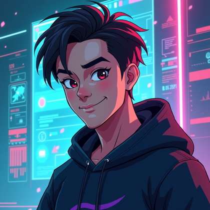 AI-generated photo: Stylized digital illustration, high-energy avatar portrait showing the character from mid-torso up i...
