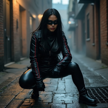 AI-generated photo: High-Impact Hero photo showcasing a character in a tight, leather ensemble that resembles a modern v...