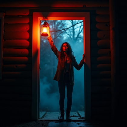 Cabin Doorway Final Stand example: Cinematic horror editorial hero photo. Symmetrical low-angle portrait of the subject standing centered in the cabin door