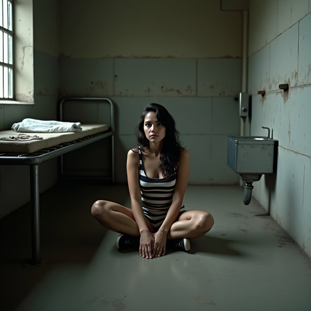 AI-generated photo: Photorealistic prison portrait photograph, the person sits cross-legged on the floor of a solitary c...
