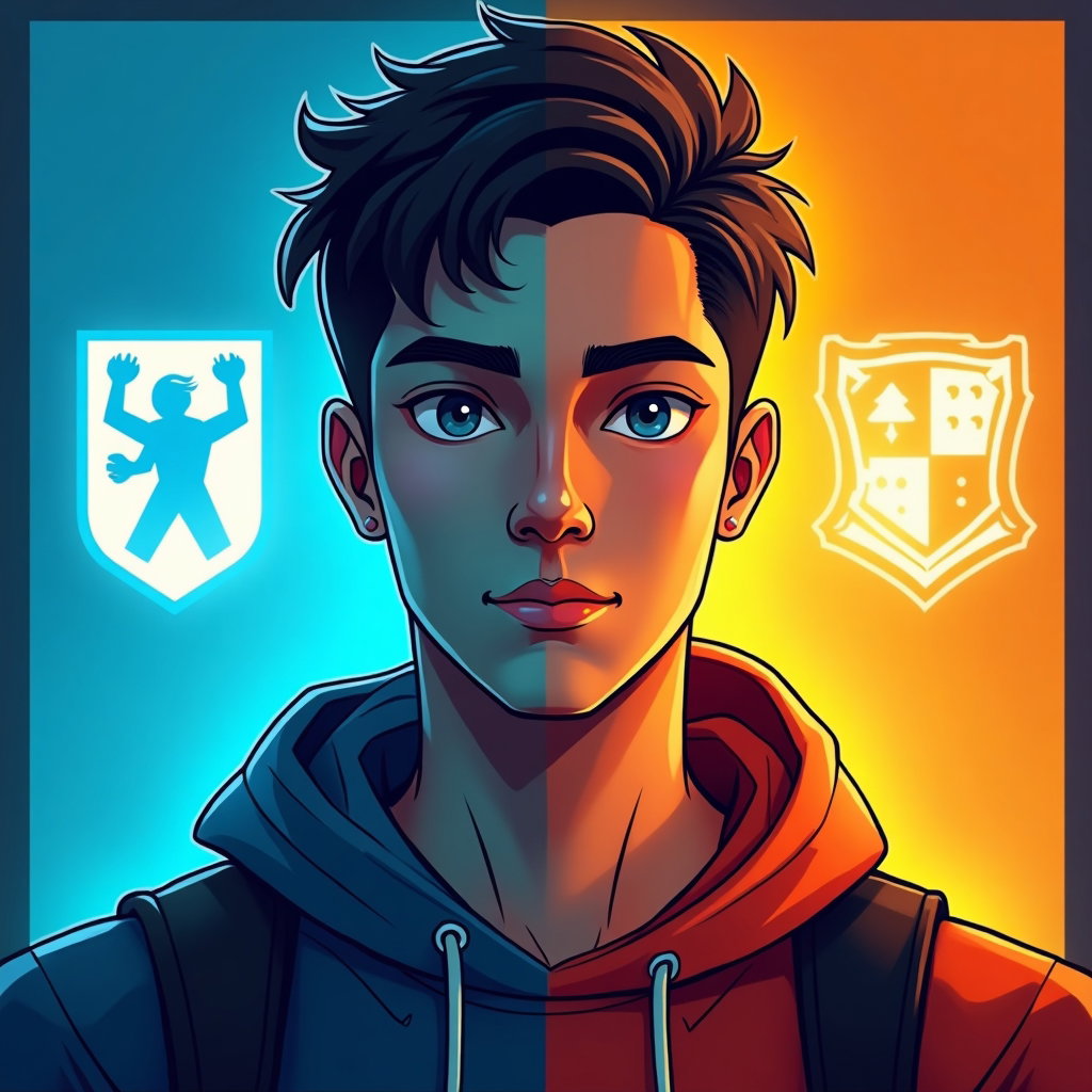 AI-generated photo: Stylized digital illustration. A bold, high-contrast gaming avatar portrait framed from the shoulder...